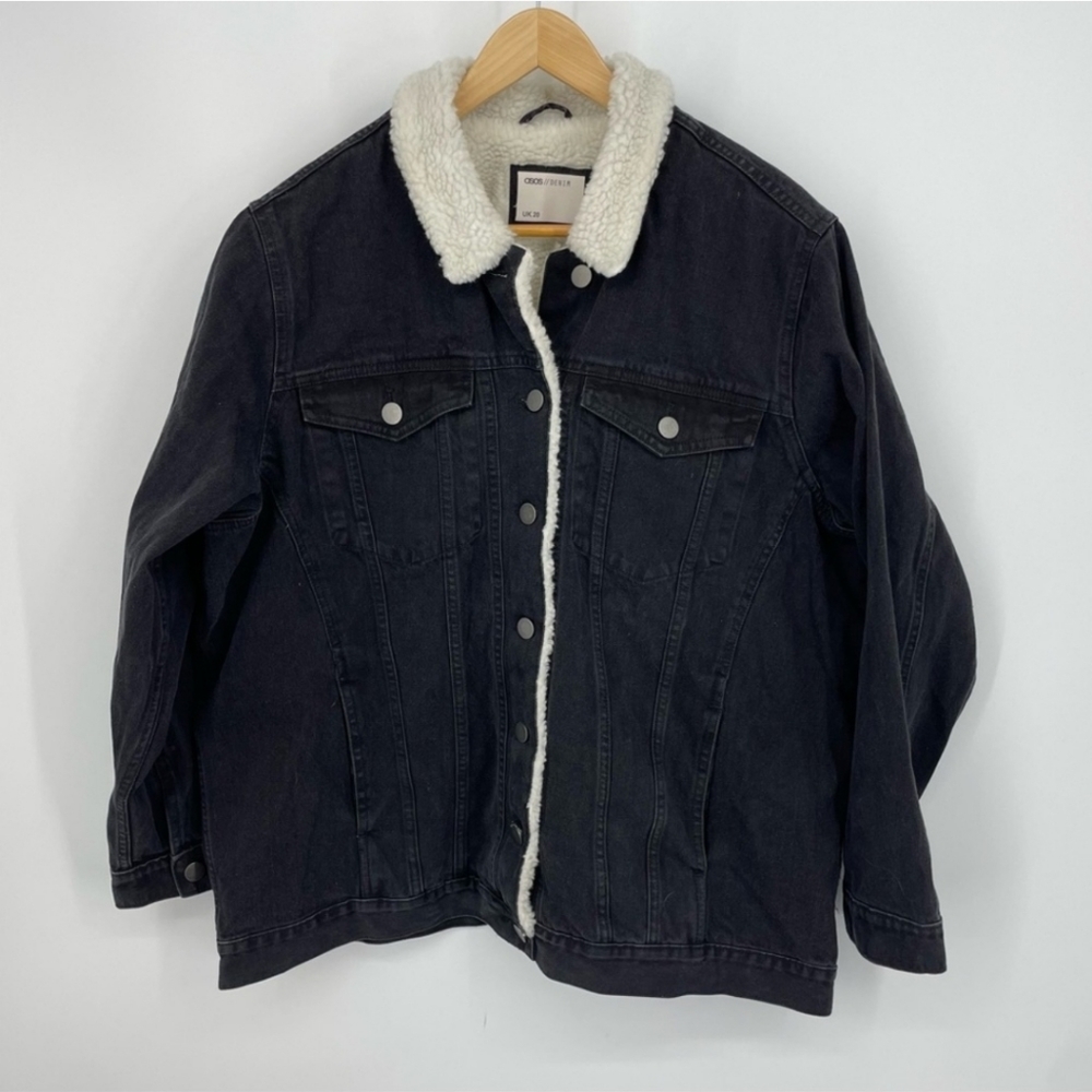 ASOS UK 20 US 16 Black Denim & Shearling collar Jacket
